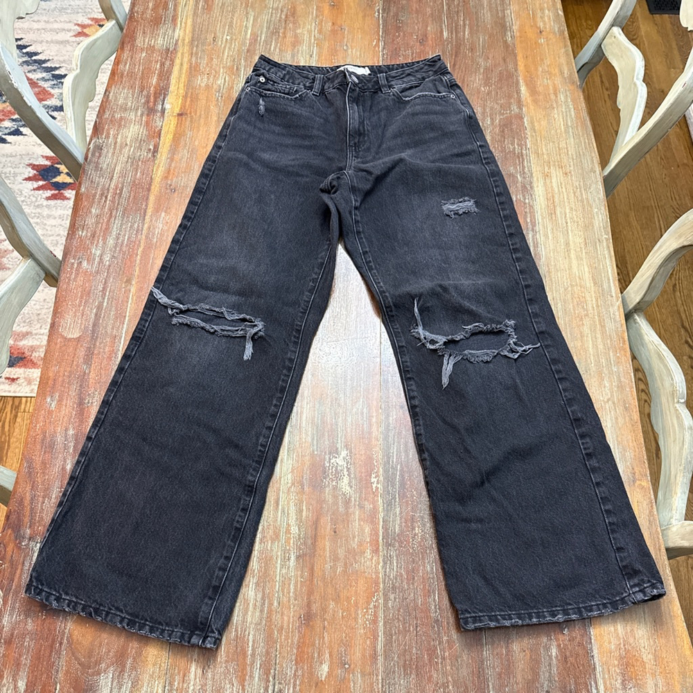 Garage Denim Distressed Wide Leg Jeans Black Wash Size 7/28